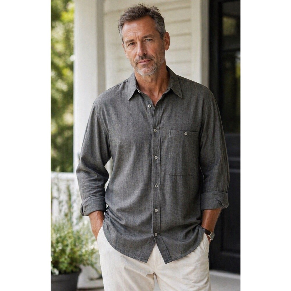 Jhane Barnes Mens Gray Rayon Button Up Shirt Long Sleeve Pocket Casual Medium